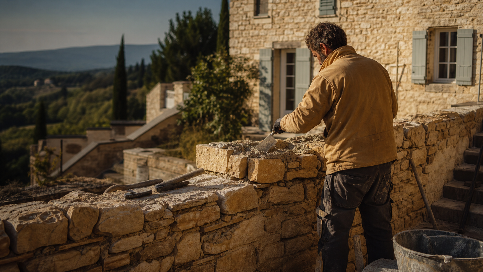 Artisan maçon travaillant un mur en pierre naturelle